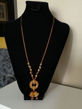 Fun Estate Necklace Carved Stone Owl ? & Bell Flowers Adjustable Braided Strand